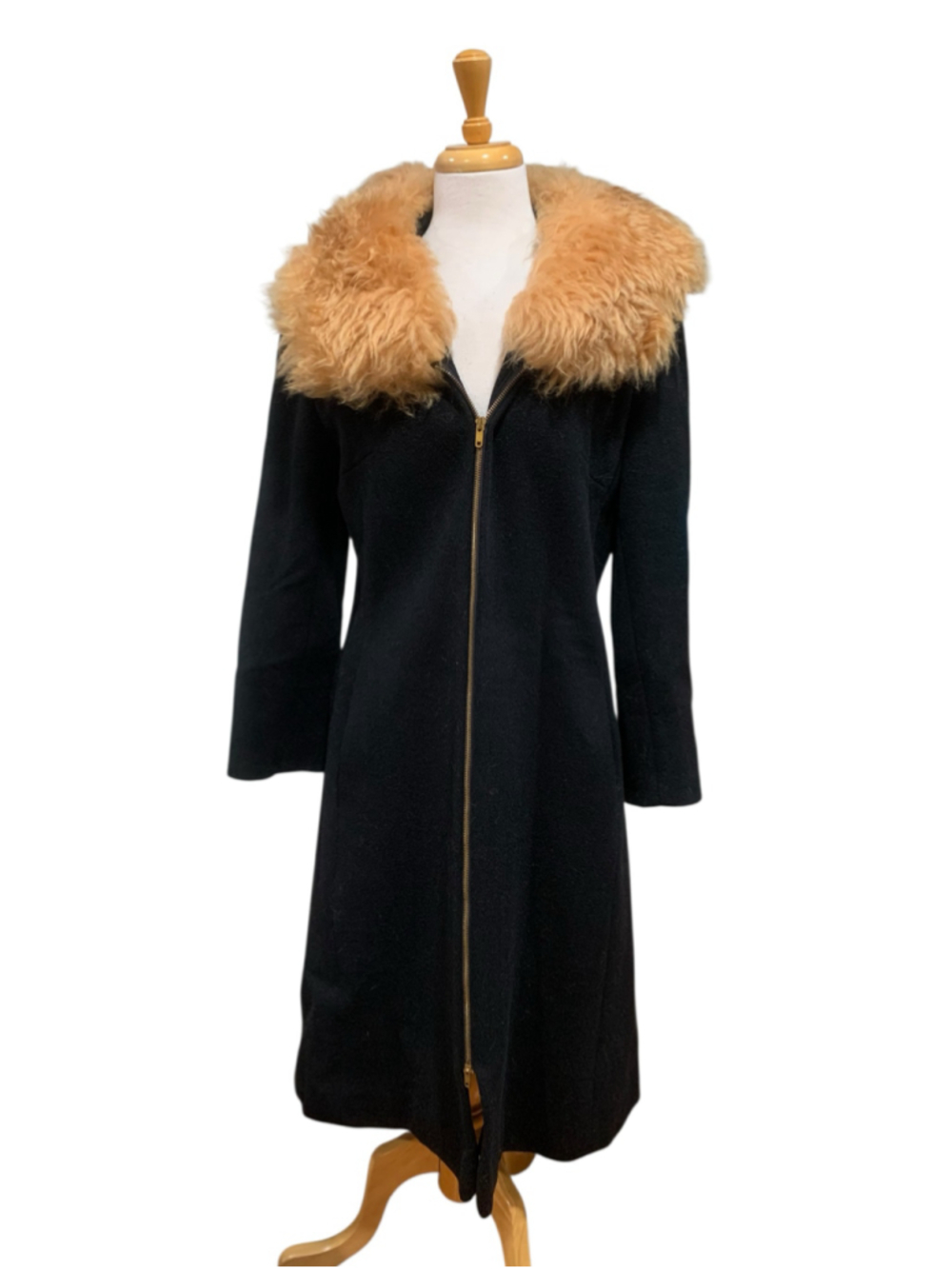 Vtg 60’s Women's Youthcraft Black Midi Coat with Tan Fur Collar sz M